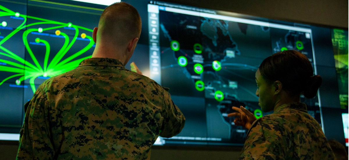 Marines with Marine Corps Forces Cyberspace Command in the cyber operations center in Lasswell Hall at Fort Meade, Md., Feb. 5, 2020.