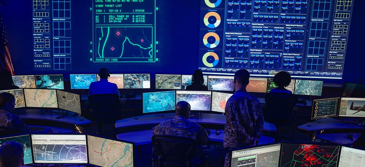 A look at a Joint All-Domain Command & Control (JADC2) command room.